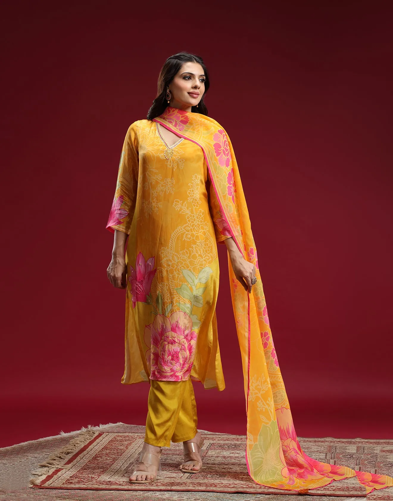 Tuscan Yellow Floral Printed Crepe Silk Kurta Set