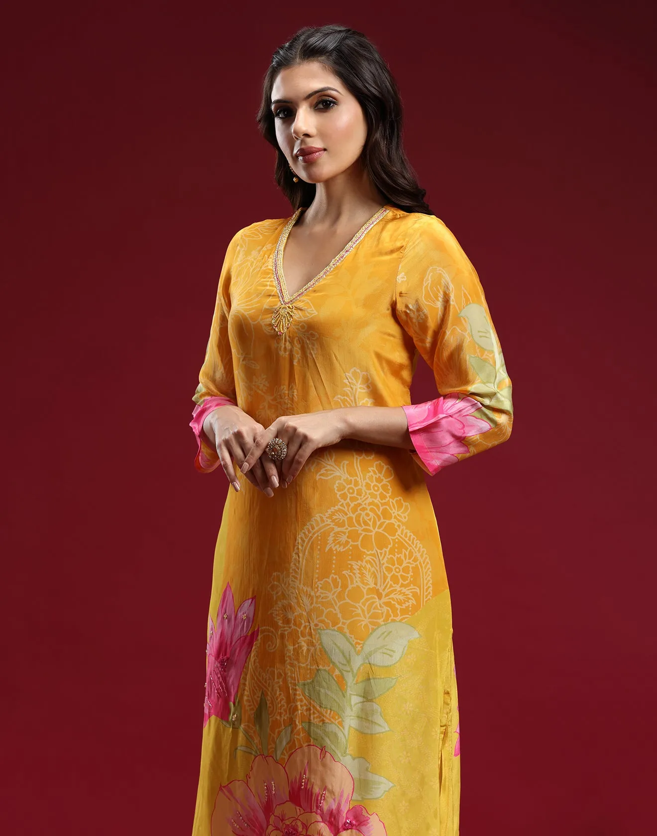 Tuscan Yellow Floral Printed Crepe Silk Kurta Set