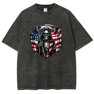 Unisex American Flag with Grim Reaper Graphic Vintage Washed Tee
