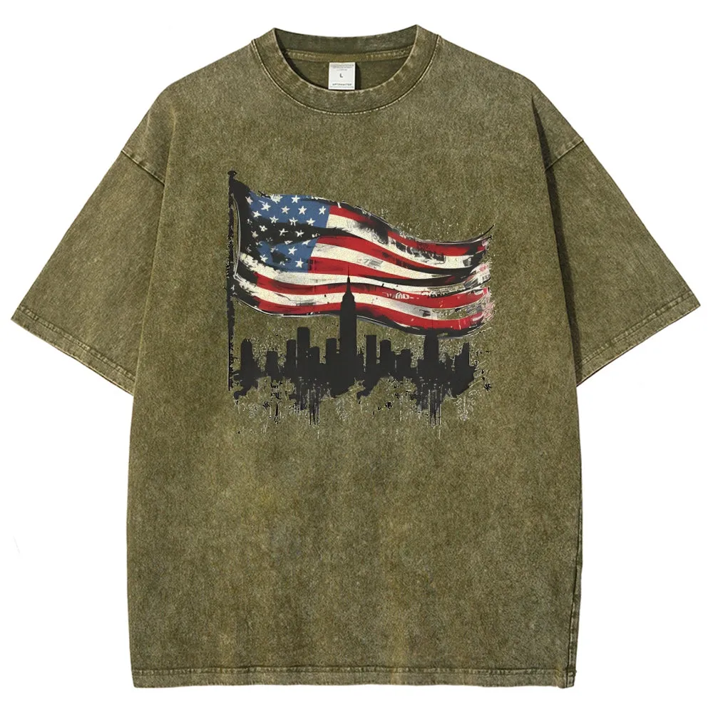 Unisex American Flag With Star Graphic Vintage Washed Tee