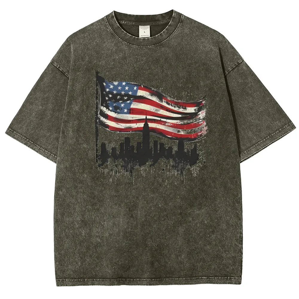 Unisex American Flag With Star Graphic Vintage Washed Tee