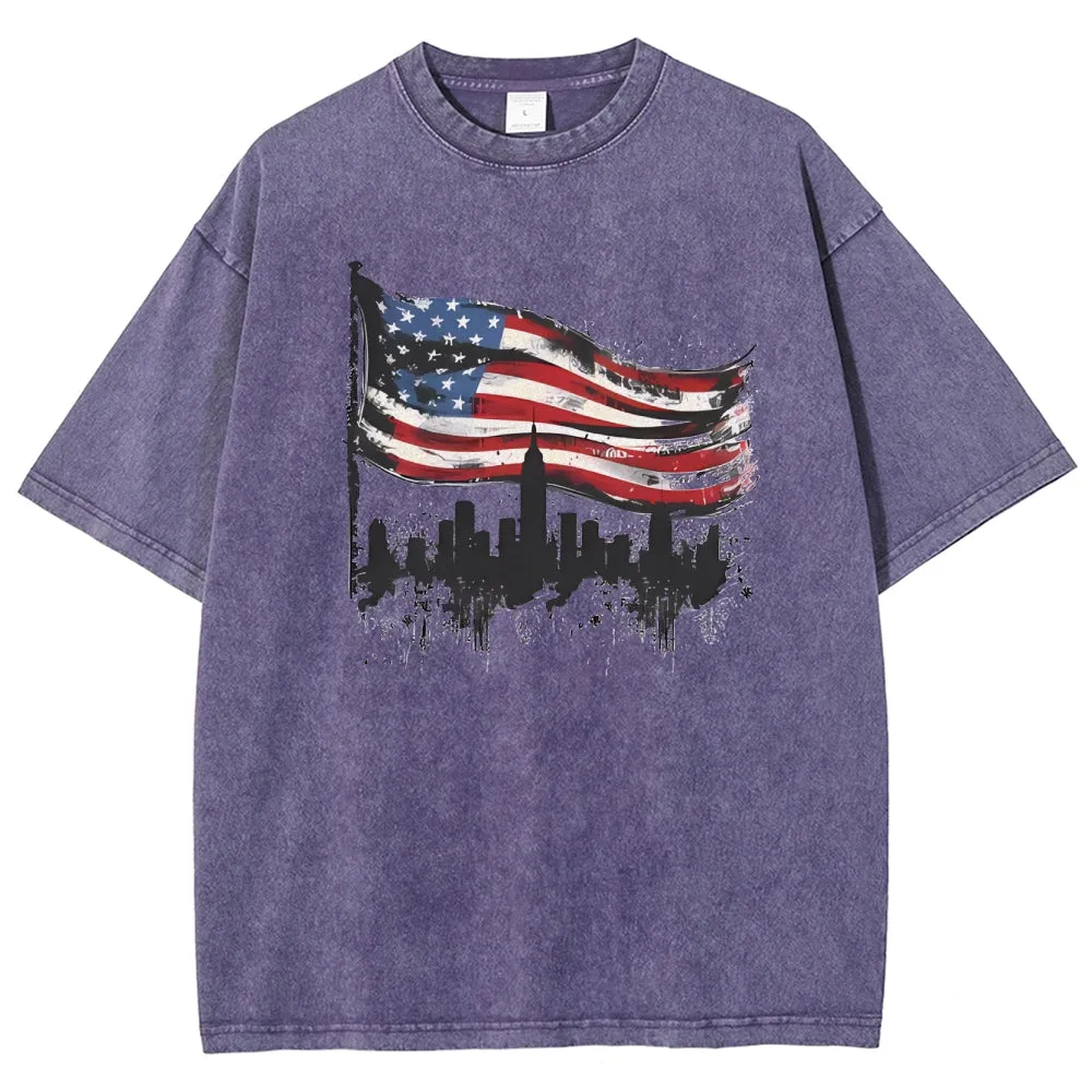 Unisex American Flag With Star Graphic Vintage Washed Tee