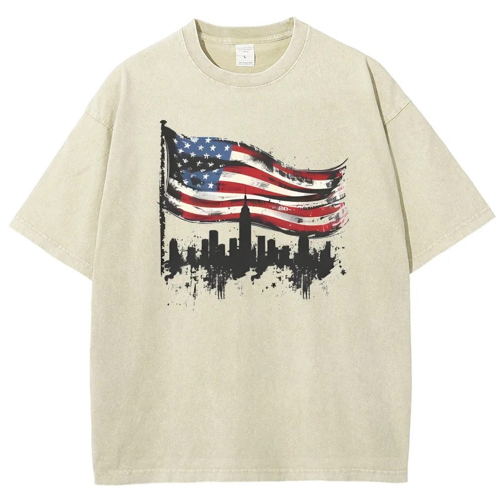 Unisex American Flag With Star Graphic Vintage Washed Tee