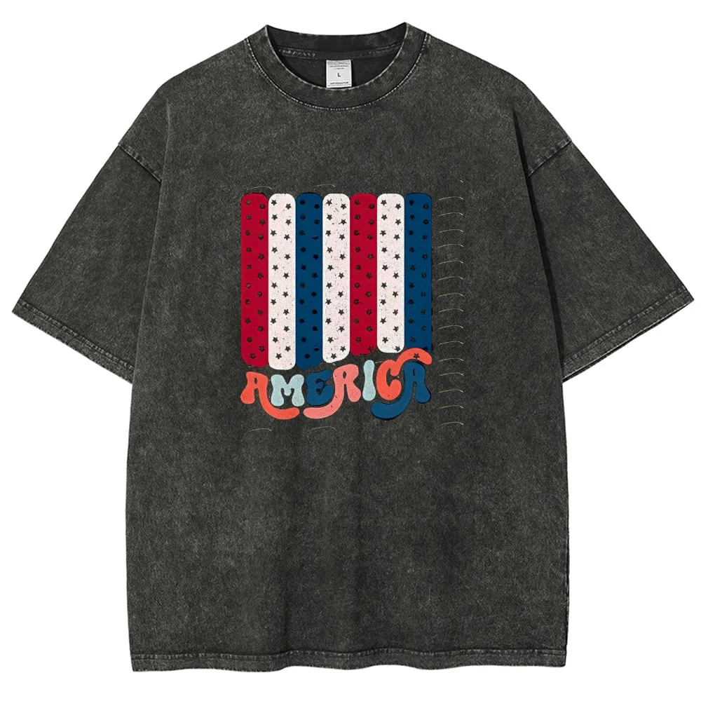 Unisex Independence's Day American Flag Graphic Vintage Washed Tee