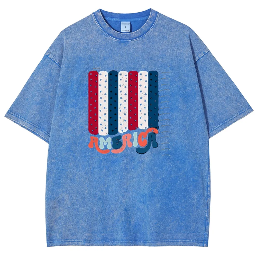 Unisex Independence's Day American Flag Graphic Vintage Washed Tee