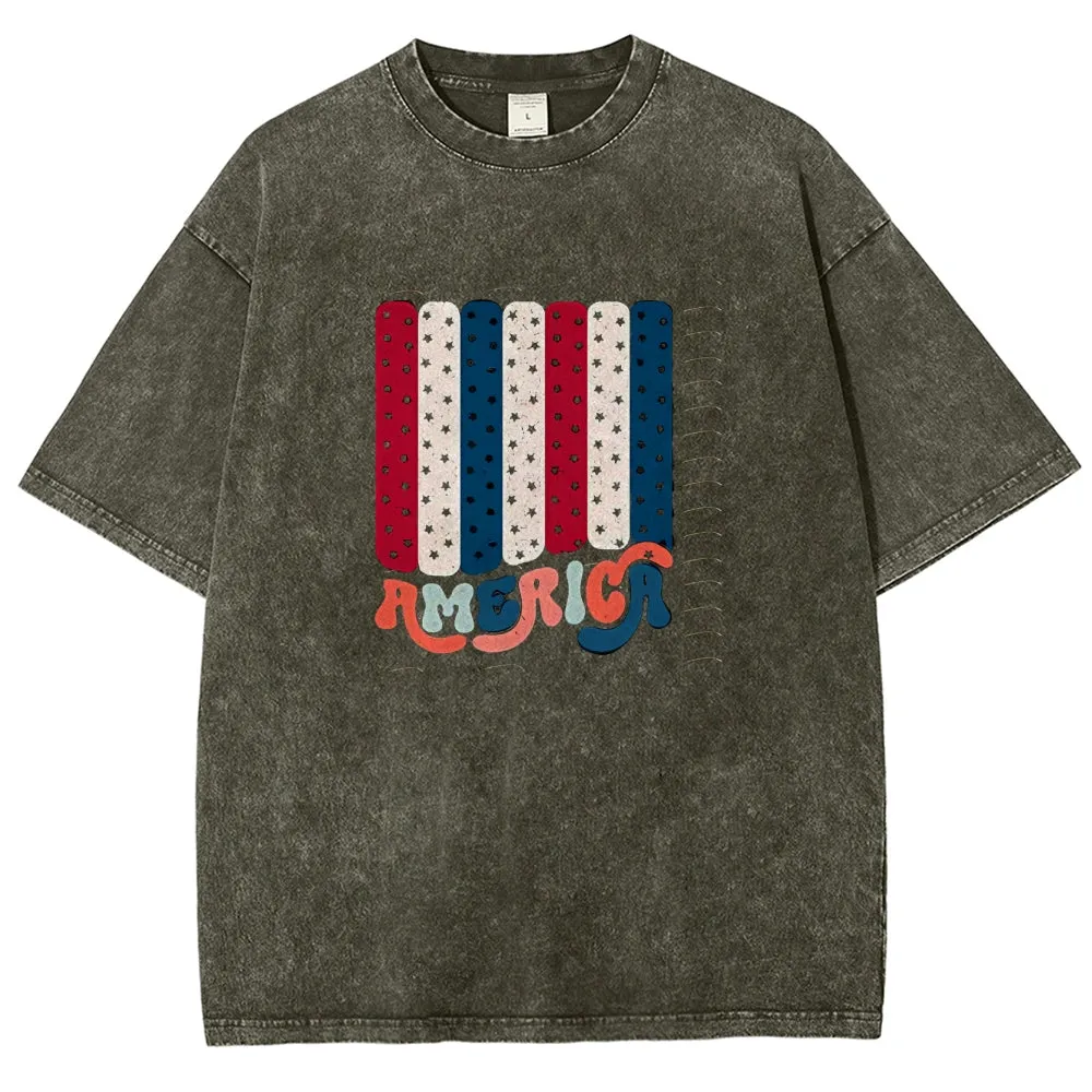 Unisex Independence's Day American Flag Graphic Vintage Washed Tee