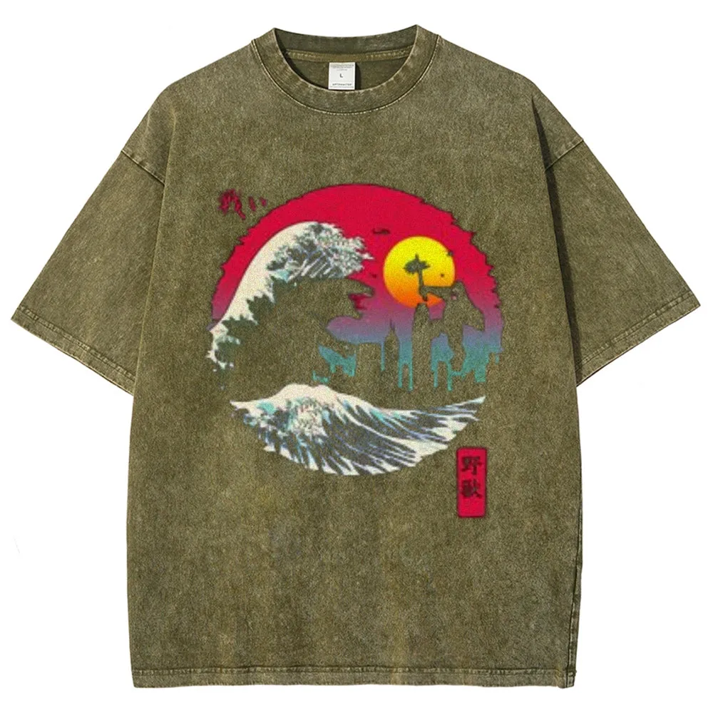 Unisex Vintage Godzilla Darkness Style Graphic Short Sleeve Washed T-shirt