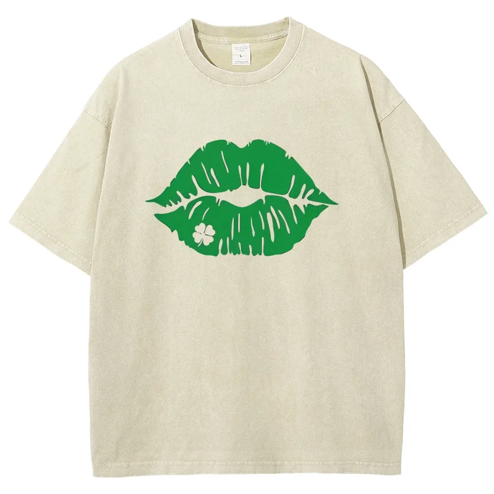 Unisex Vintage Green Lip For St. Patrick's Day Graphic Washed Tee