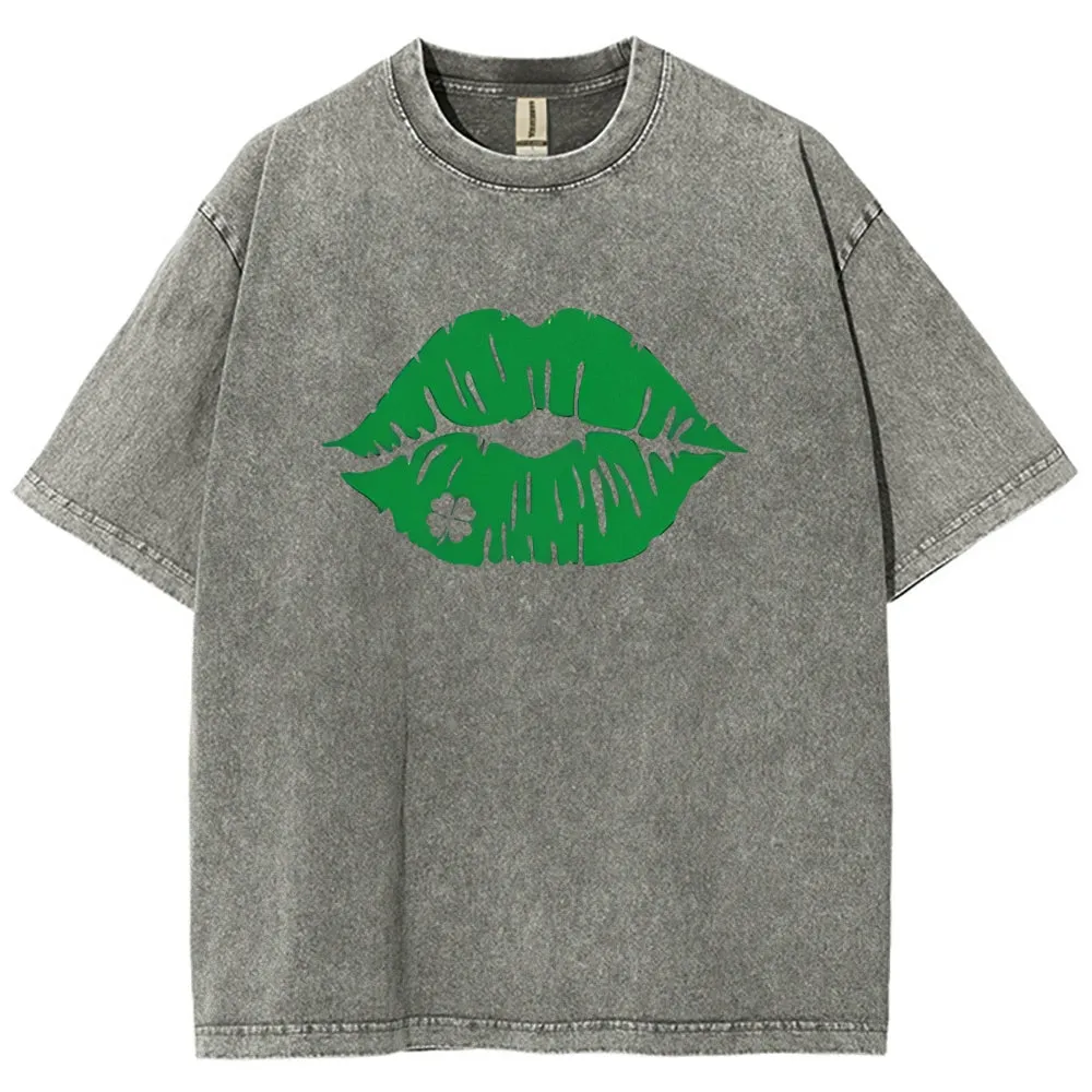 Unisex Vintage Green Lip For St. Patrick's Day Graphic Washed Tee