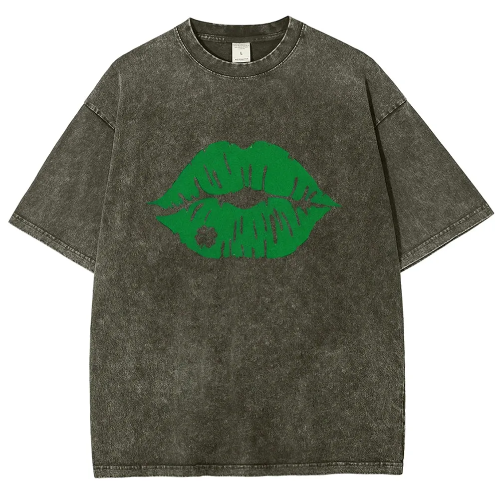 Unisex Vintage Green Lip For St. Patrick's Day Graphic Washed Tee