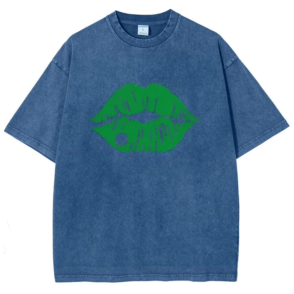 Unisex Vintage Green Lip For St. Patrick's Day Graphic Washed Tee