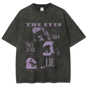 Unisex Vintage The Eyes Horror Graphic Short Sleeve Washed T-shirt