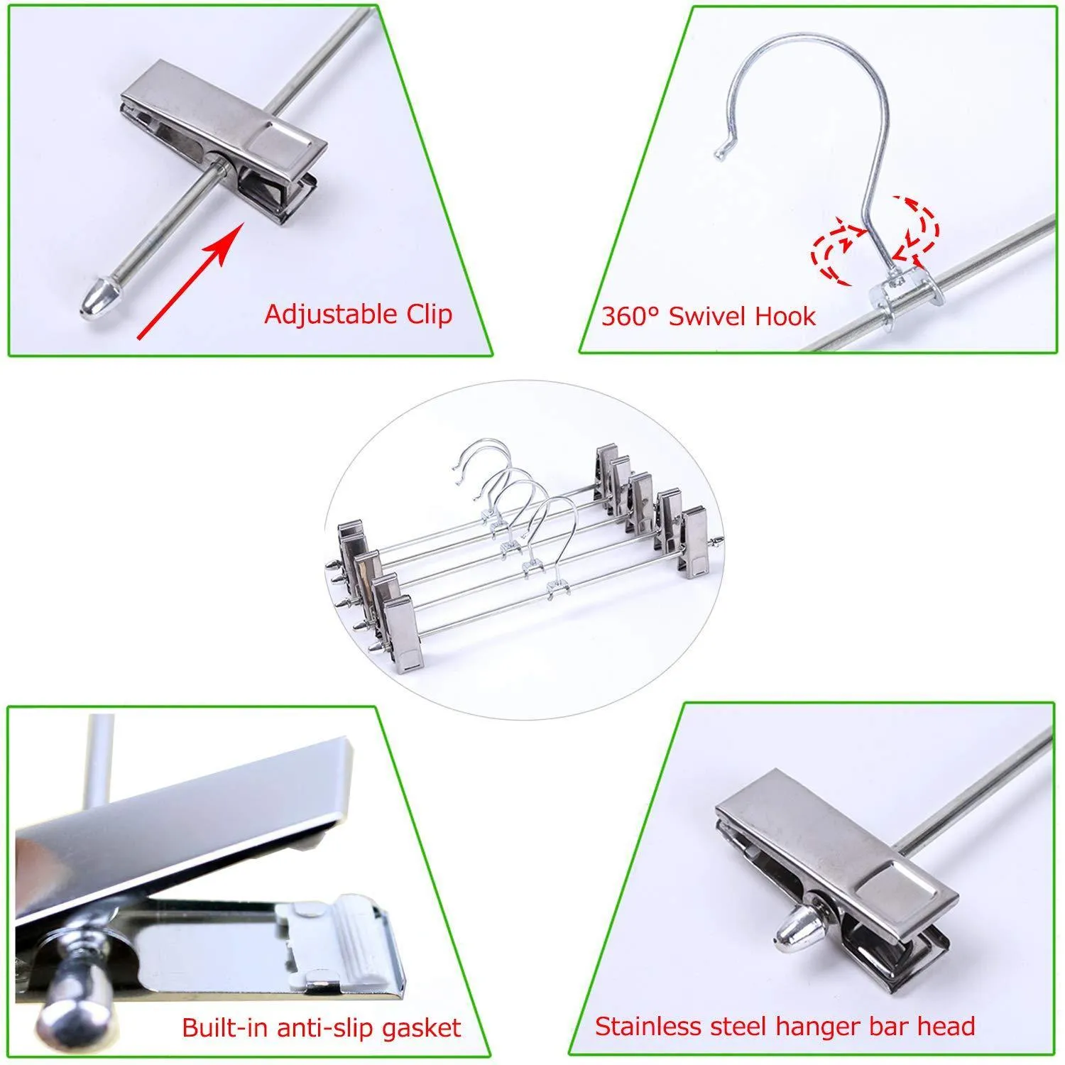 Upgraded Version Pants Hanger, 20pcs Stainless Steel Trouser Hangers with Clips 360 Degree Swivel Hook Space Saving Metal Hangers for Skirts, Pants, Slacks, Jeans, and More