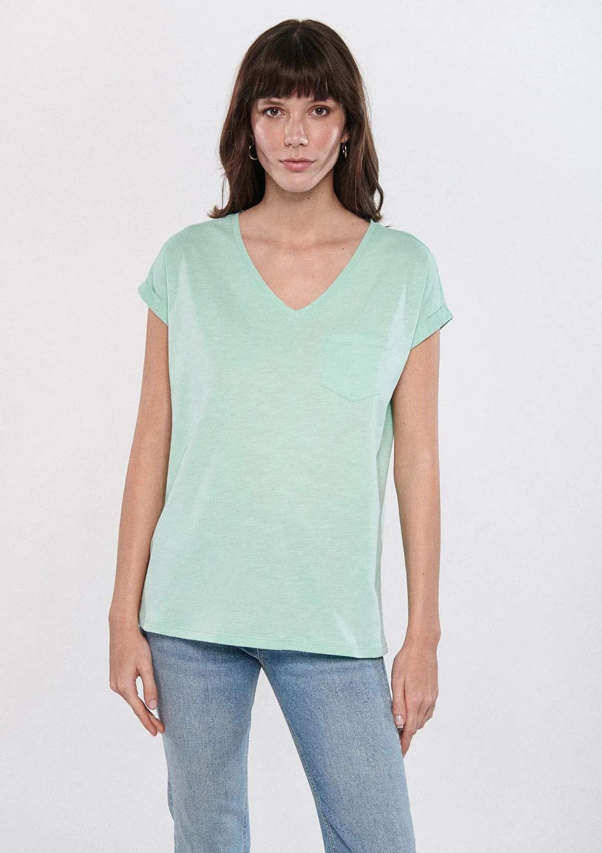 V Neck Green Basic T-Shirt