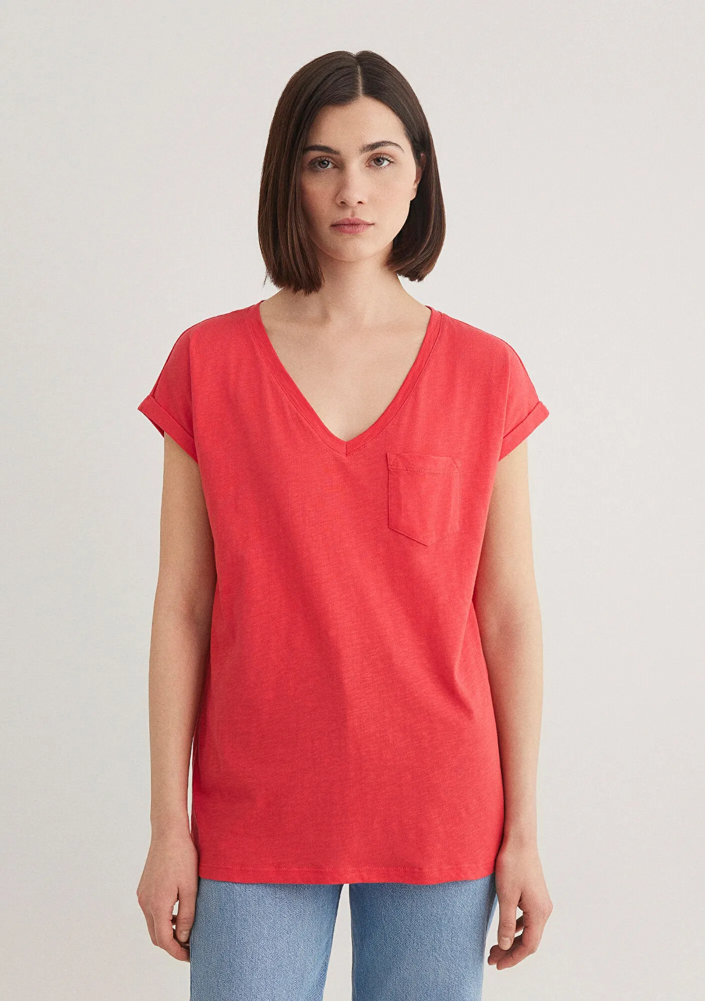 V Neck Pink Basic T-Shirt