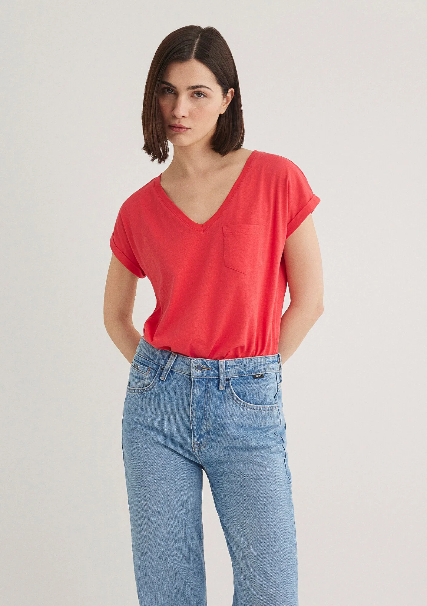 V Neck Pink Basic T-Shirt