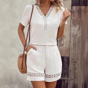 V-neck Stitching Short Sleeve Solid Color Shorts Suit Women