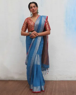 Varsha Handwoven Linen Zari Saree - Jheel