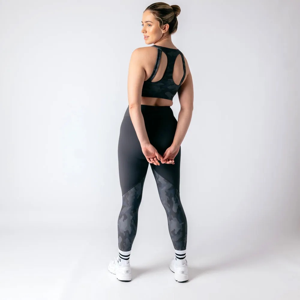 Vertex Camo Multi Strap Sports Bra - Washed Black