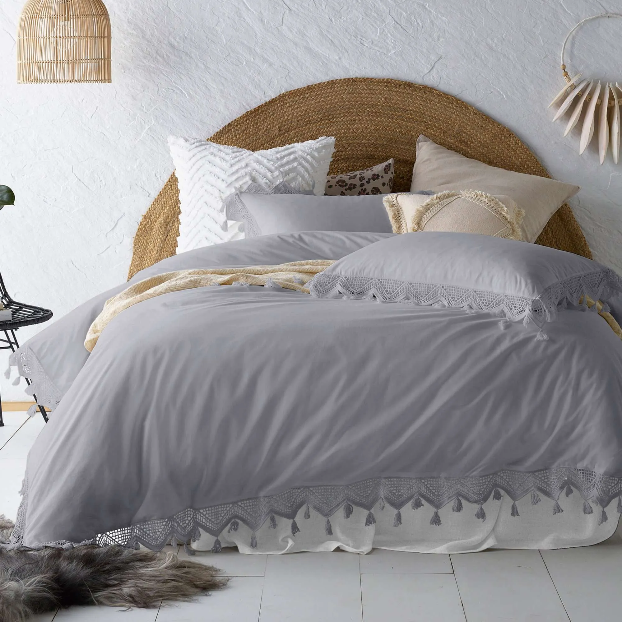 Vintage Design Gypsy Silver 100% Cotton Tassel Quilt Cover Sets