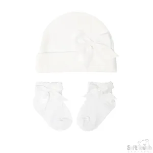 White Hat & Socks Set With Bow (NB-3 & 3-6 Months) (Pk6) HS104-W