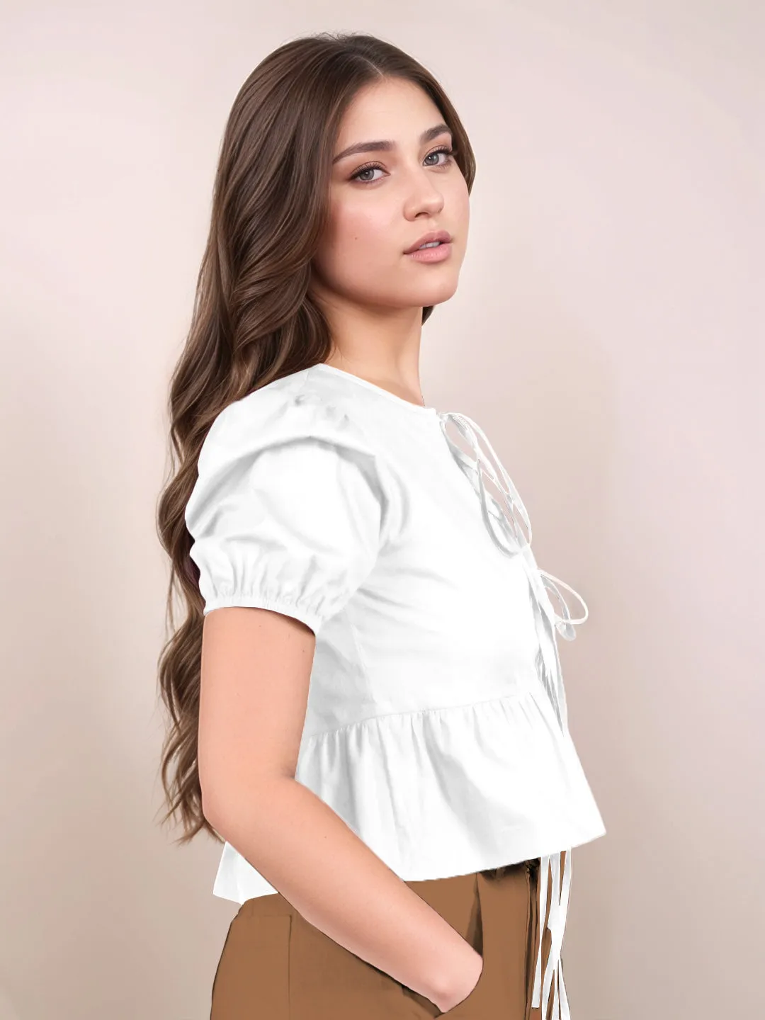 White Solid Short Sleeves Top