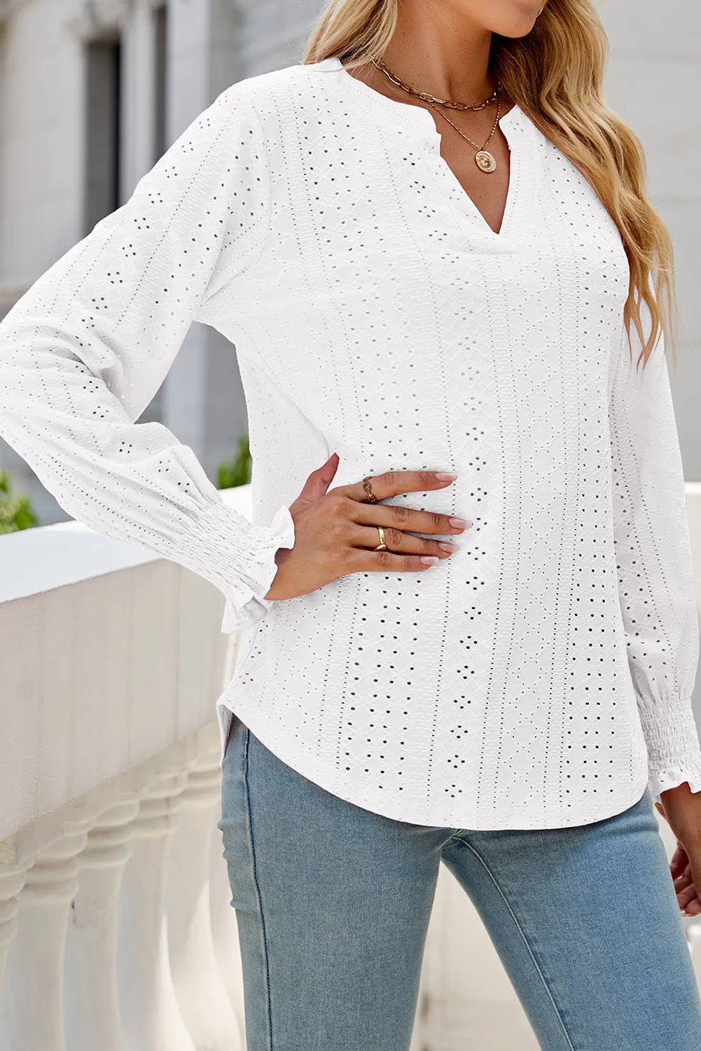 White Split Neck Textured Loose Blouse