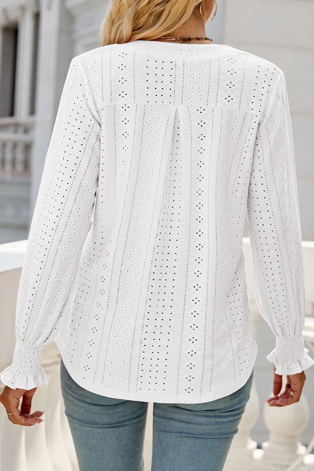 White Split Neck Textured Loose Blouse