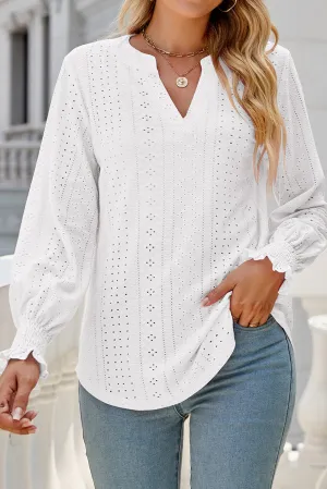 White Split Neck Textured Loose Blouse