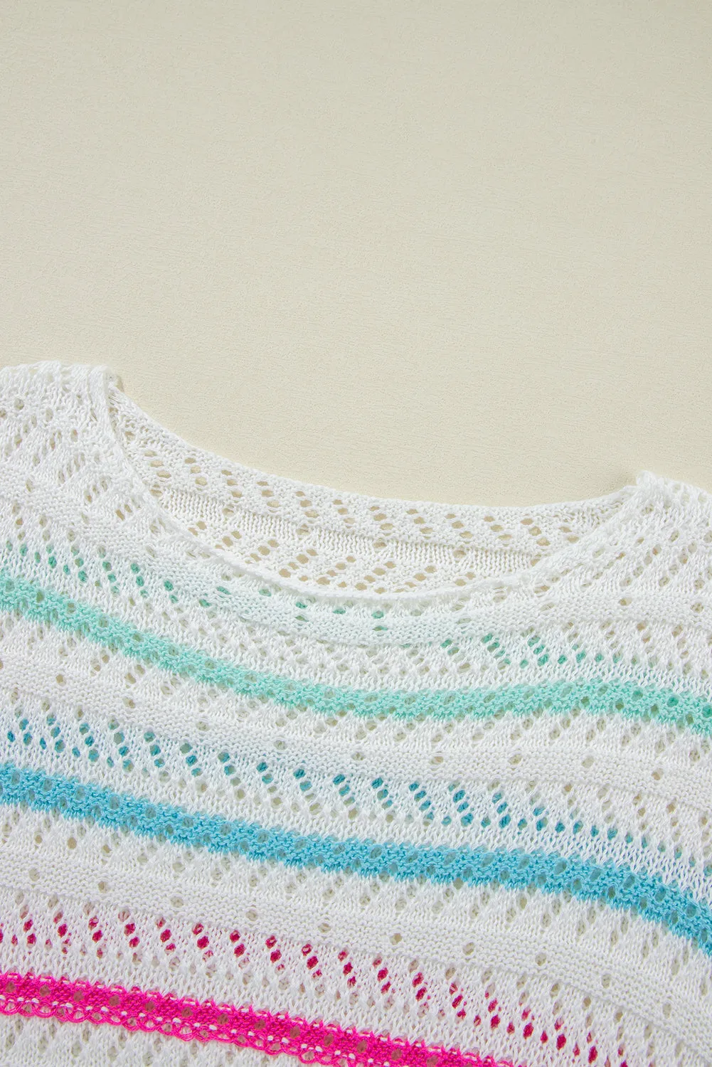 White Striped Hollowed Crochet Loose Fit Sweater
