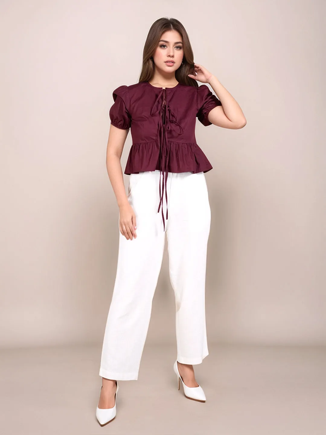 Wine Solid Short Sleeves Top