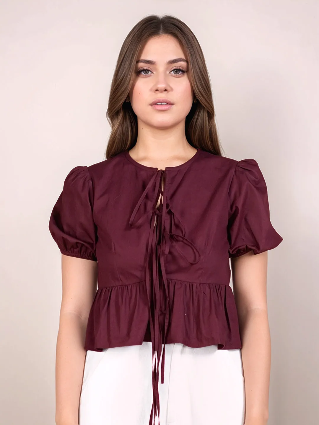 Wine Solid Short Sleeves Top