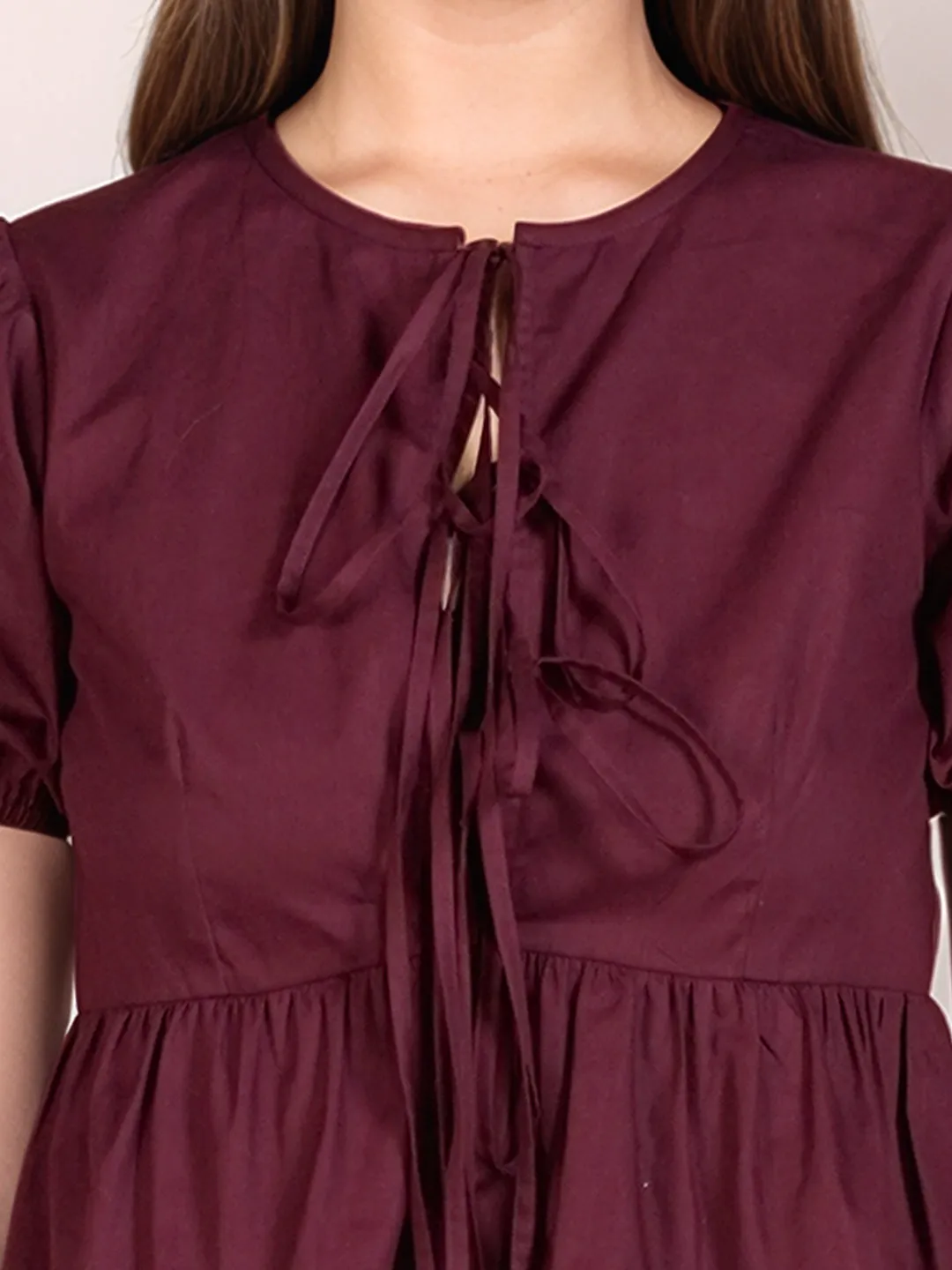 Wine Solid Short Sleeves Top