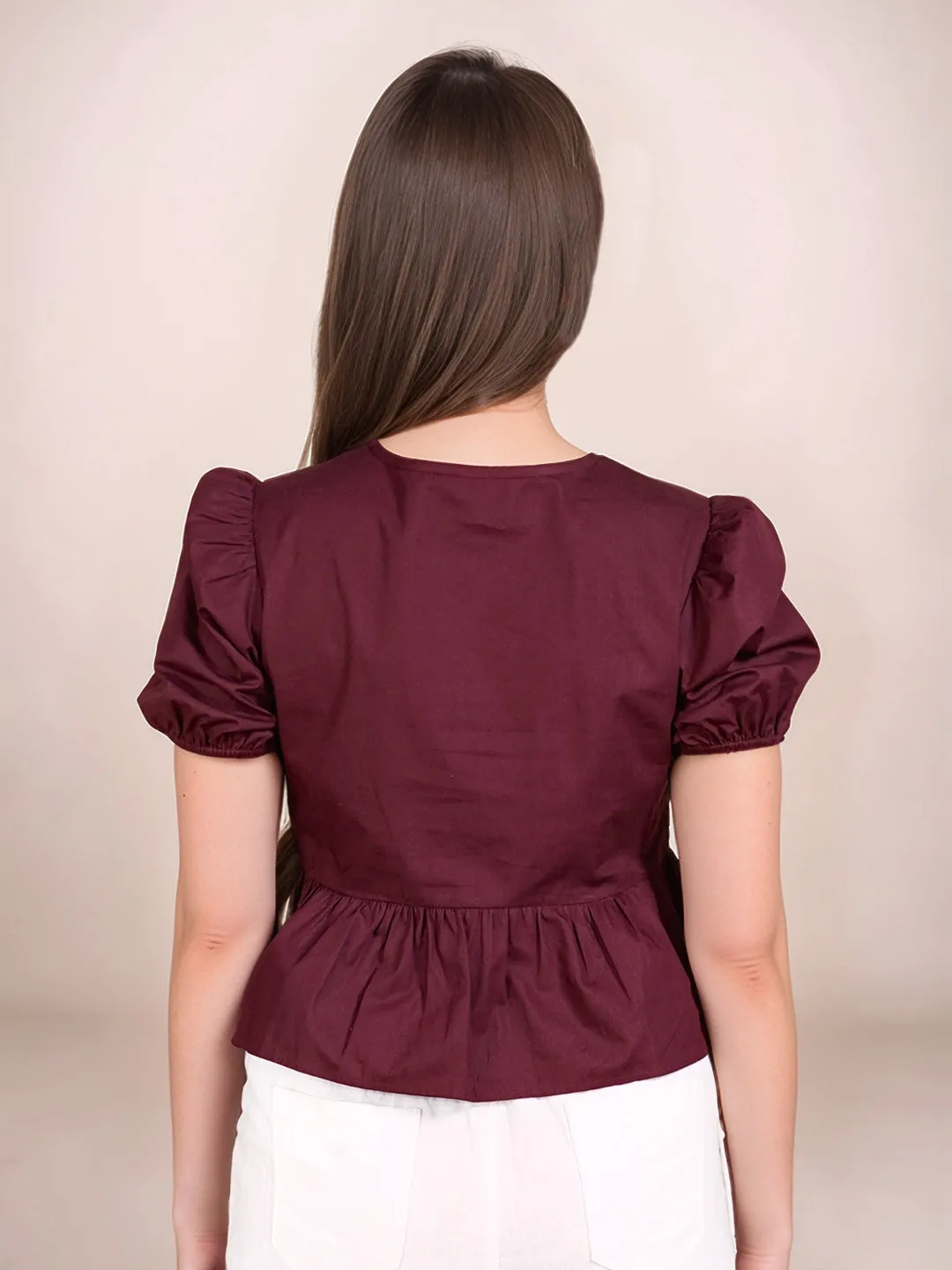 Wine Solid Short Sleeves Top