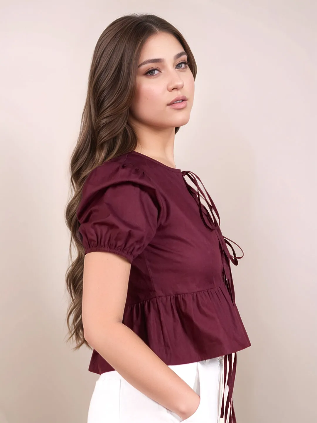 Wine Solid Short Sleeves Top