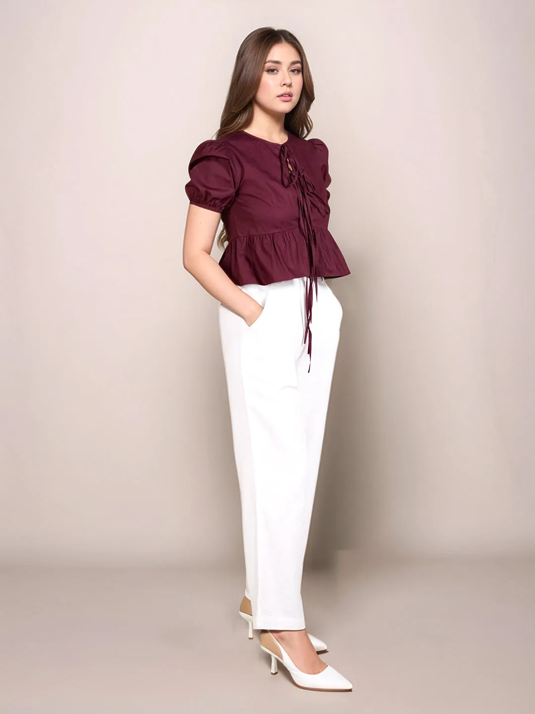 Wine Solid Short Sleeves Top