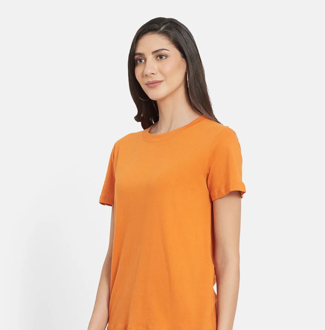 Women Orange Organic Cotton T-shirt with SMOCKED YOGA PANT (RUM RAISIN)