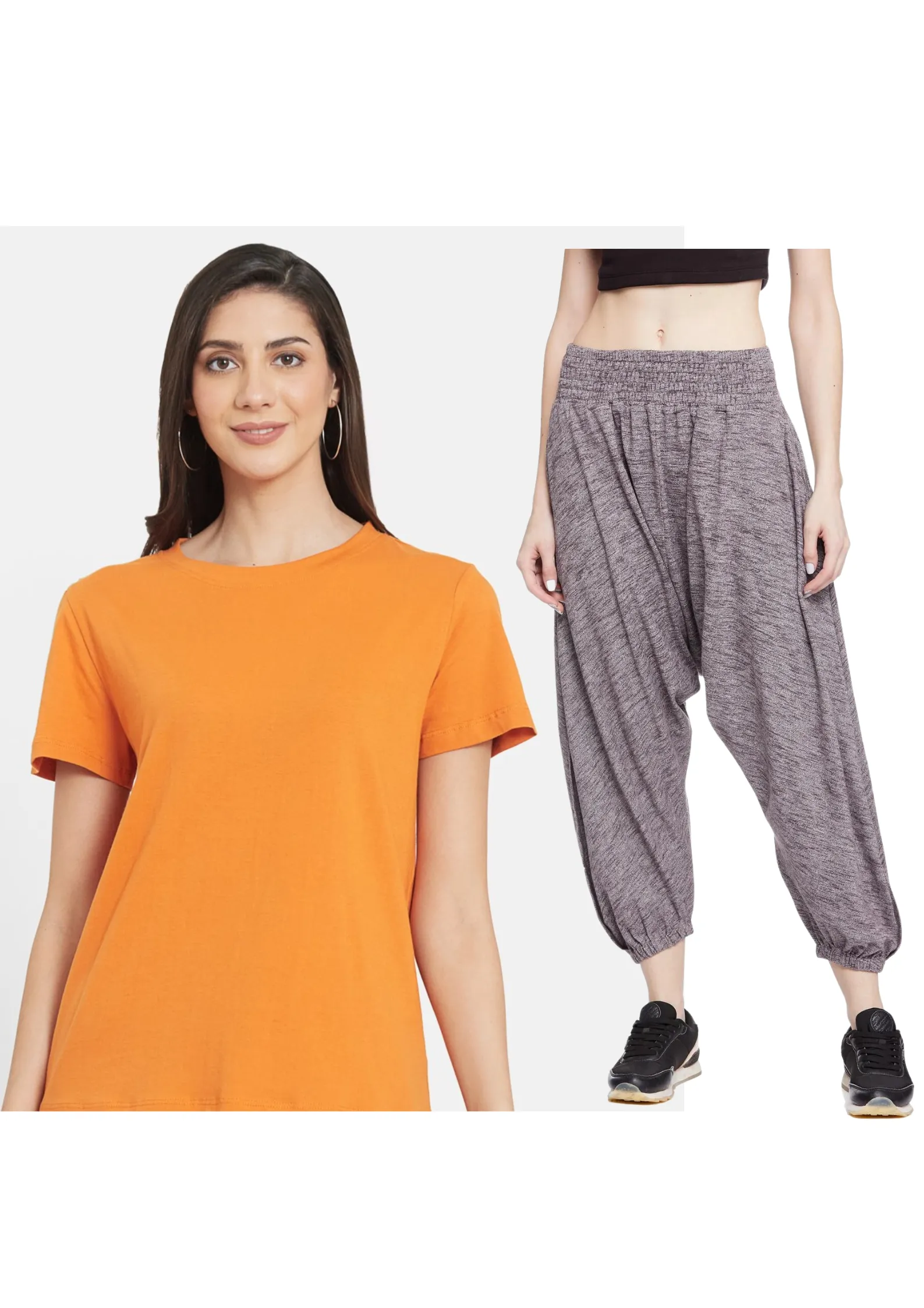 Women Orange Organic Cotton T-shirt with SMOCKED YOGA PANT (RUM RAISIN)