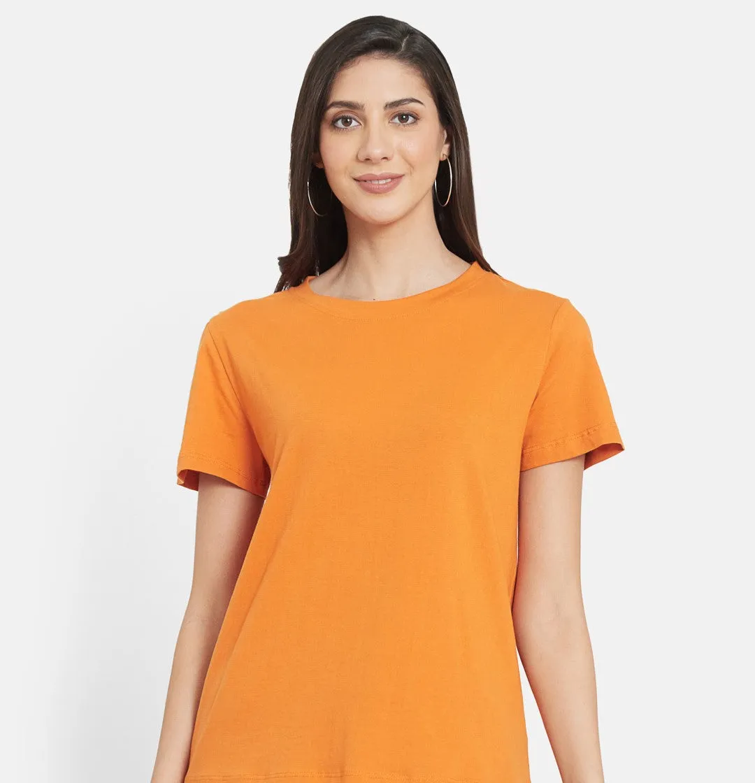Women Orange Organic Cotton T-shirt with SMOCKED YOGA PANT (RUM RAISIN)