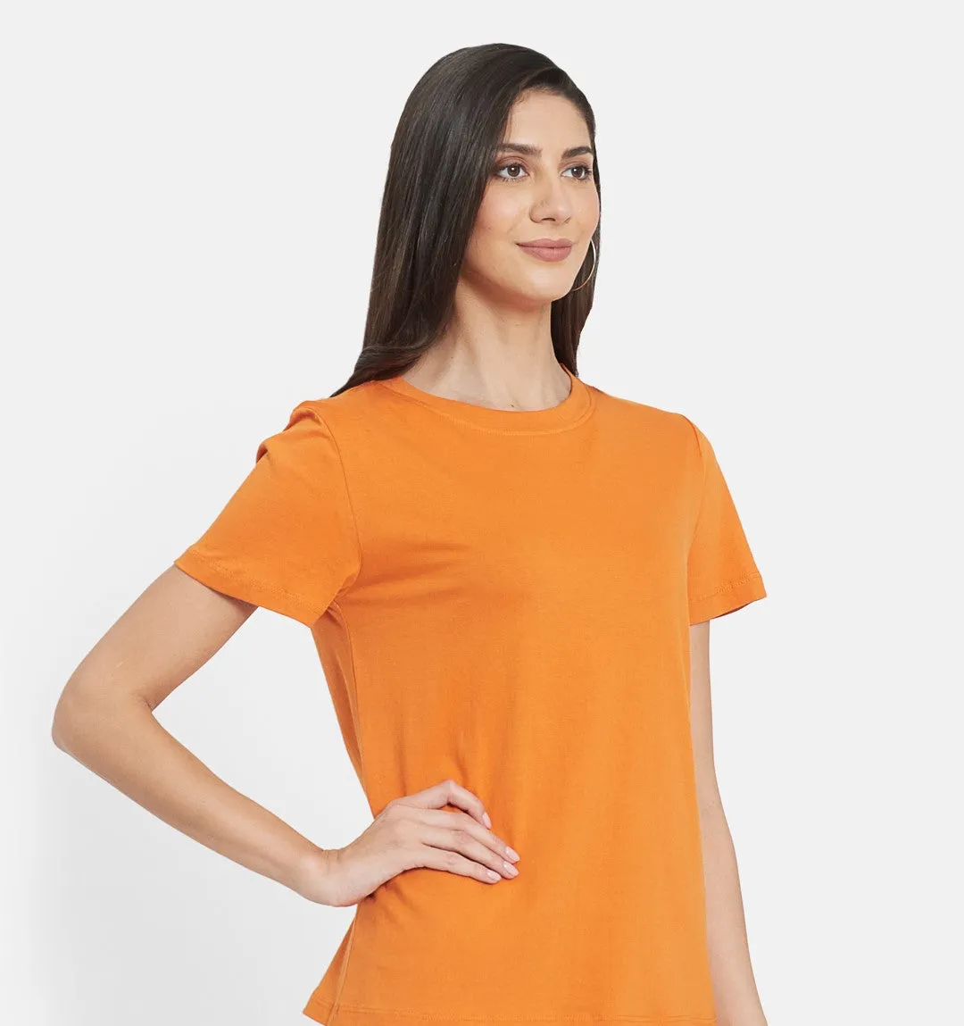 Women Orange Organic Cotton T-shirt with SMOCKED YOGA PANT (RUM RAISIN)