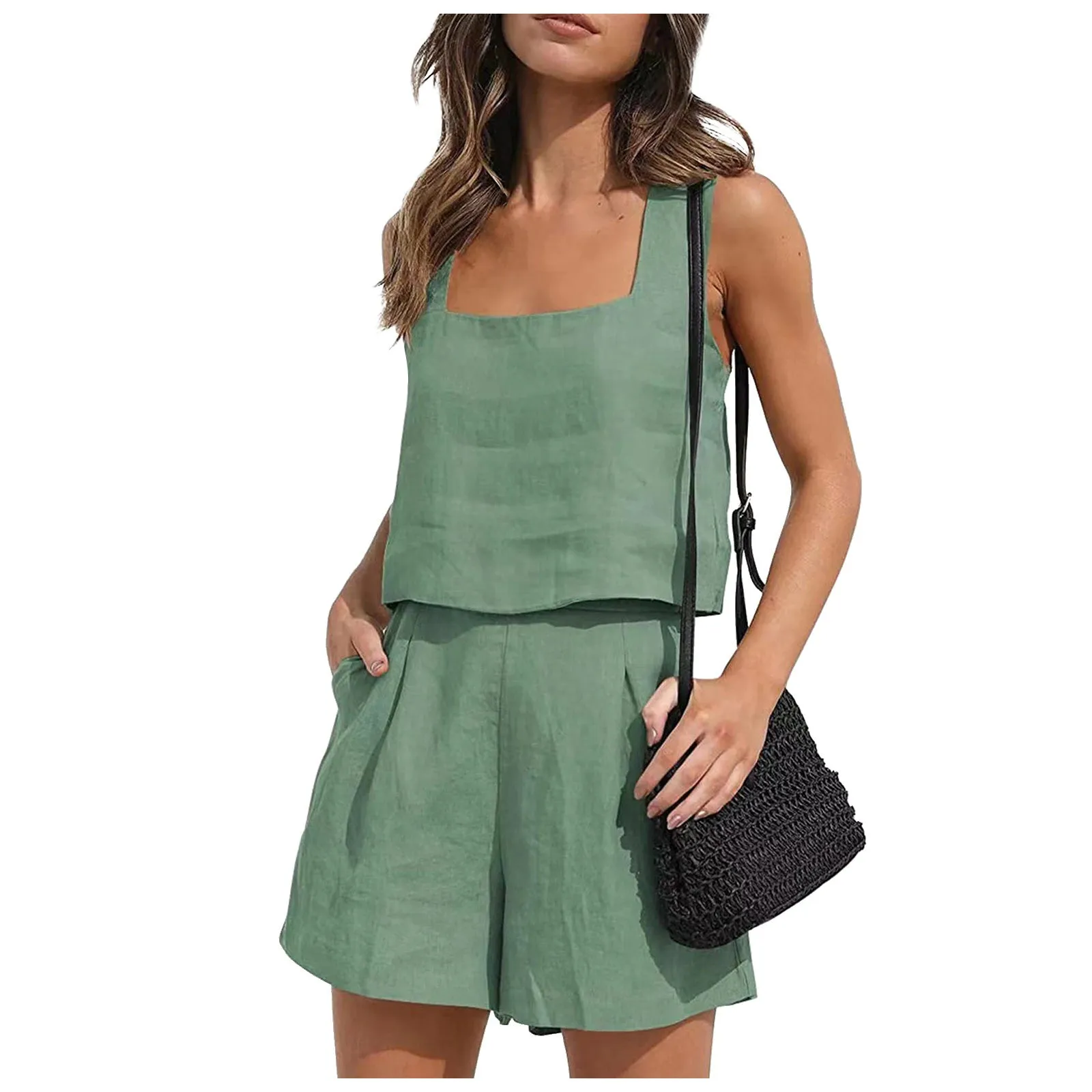 Women Solid Color Casual Shorts Pockets Two Piece Lounge Sets