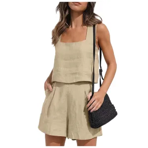 Women Solid Color Casual Shorts Pockets Two Piece Lounge Sets