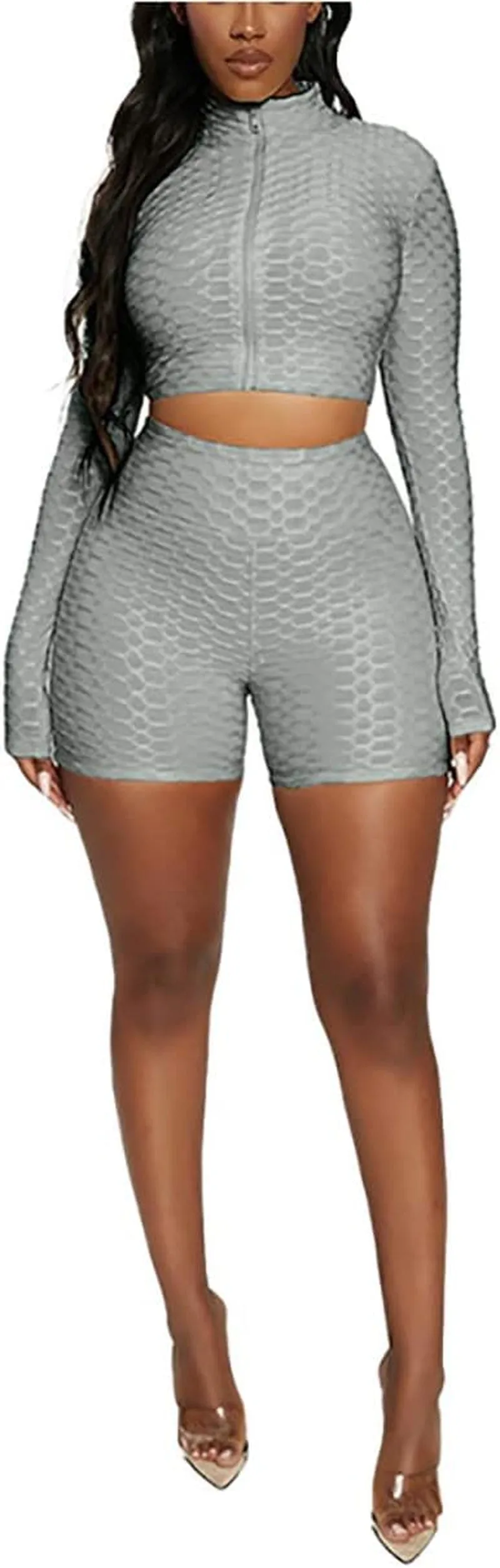 Women's 2-Piece Workout Set - Long Sleeve Crop Top   High Waist Bodycon Yoga Shorts