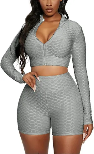 Women's 2-Piece Workout Set - Long Sleeve Crop Top   High Waist Bodycon Yoga Shorts