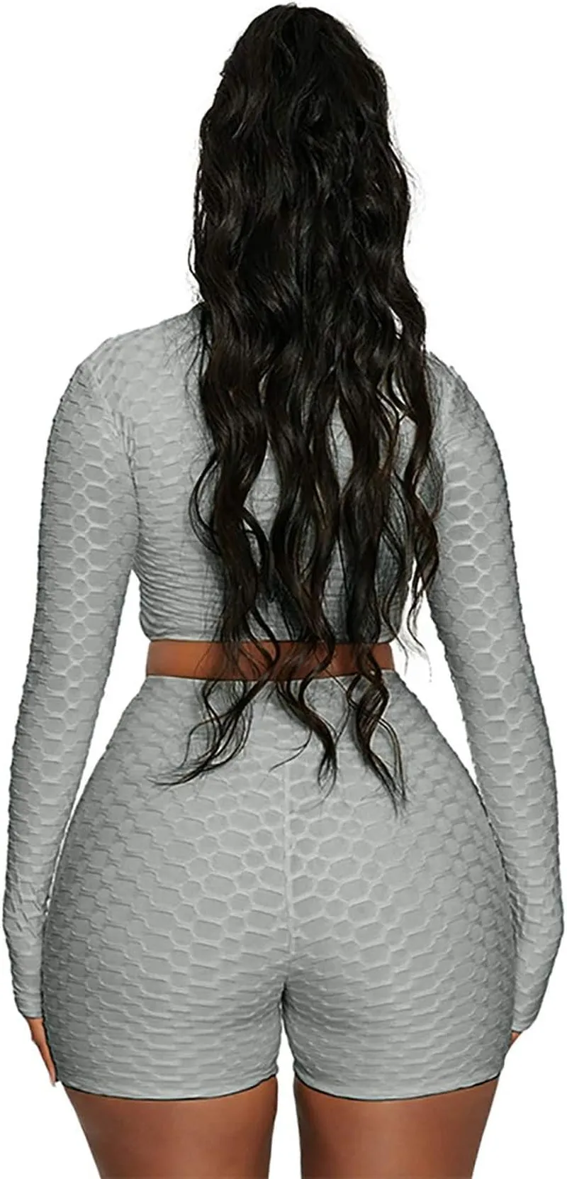 Women's 2-Piece Workout Set - Long Sleeve Crop Top   High Waist Bodycon Yoga Shorts