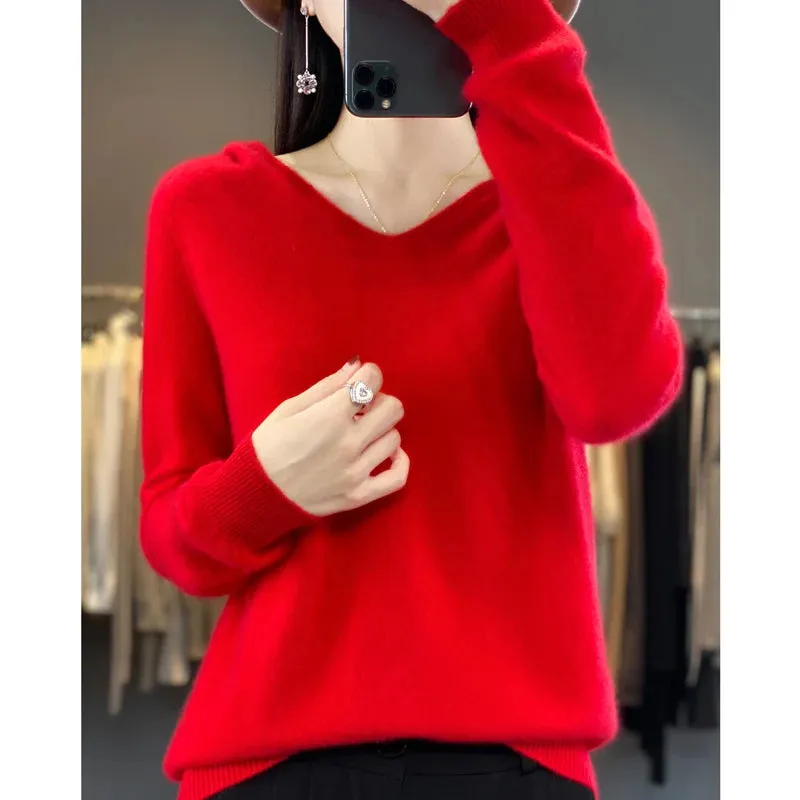Women's Merino Pure Wool V-neck Cashmere Sweater