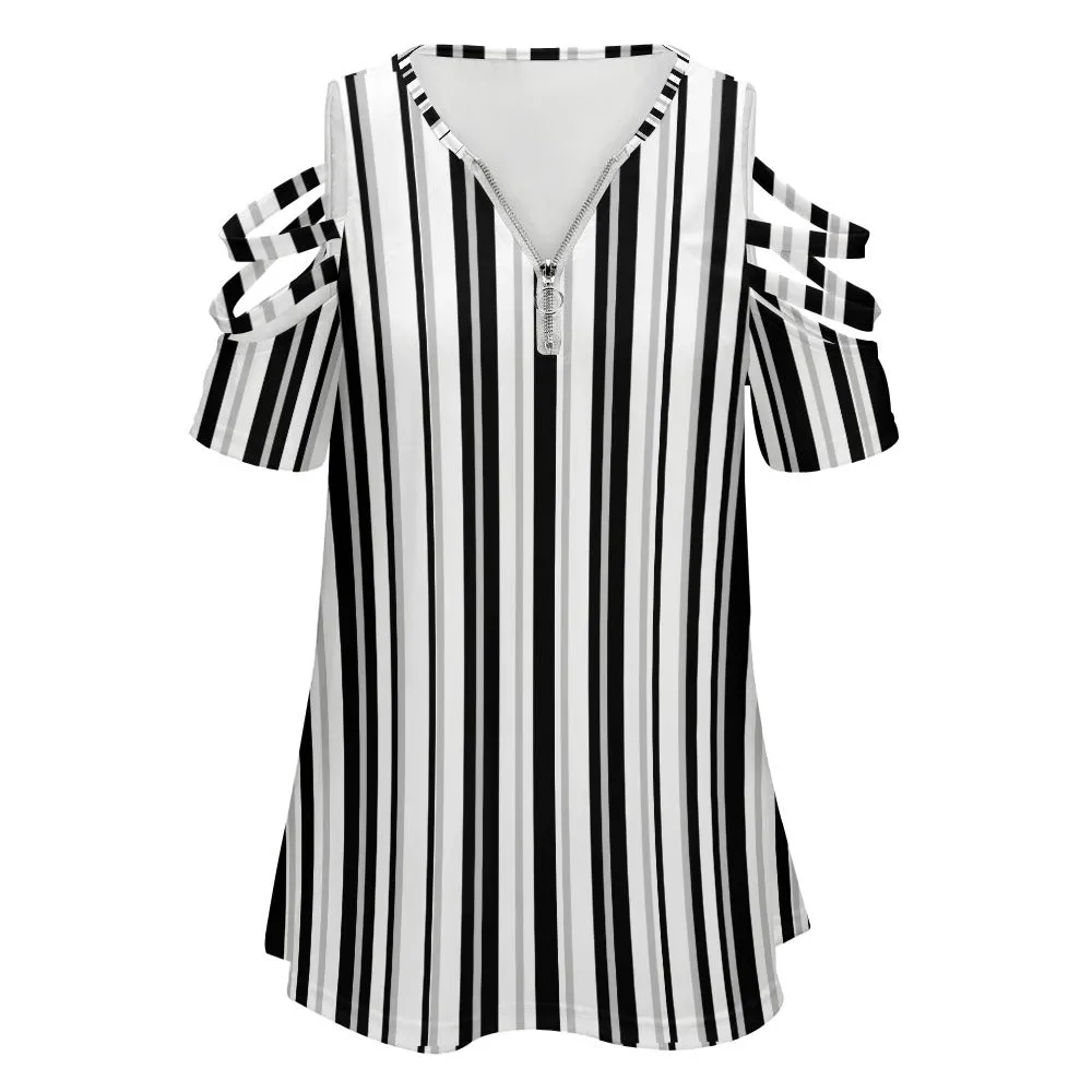 Women's Monochrome Striped Front Zip Cut Out Off Shoulder Blouse Top T-shirt Casual Fashion Black White