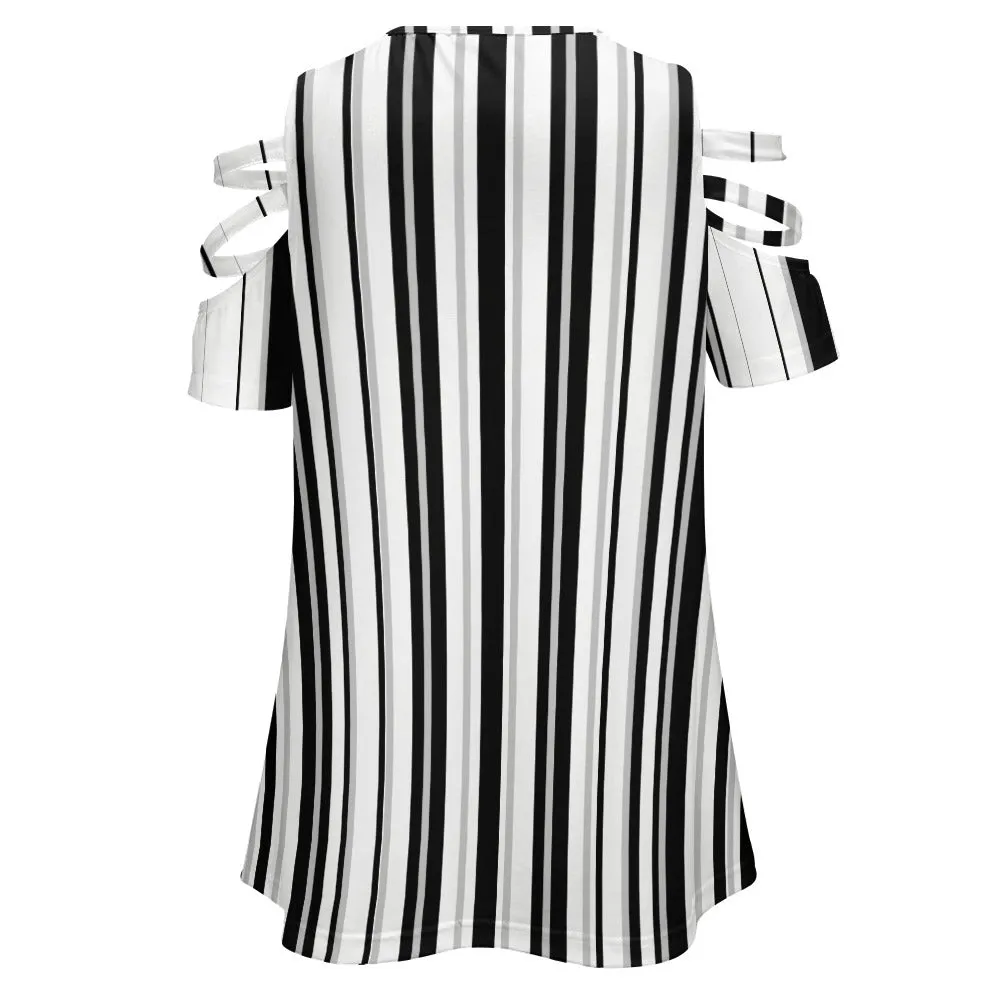 Women's Monochrome Striped Front Zip Cut Out Off Shoulder Blouse Top T-shirt Casual Fashion Black White