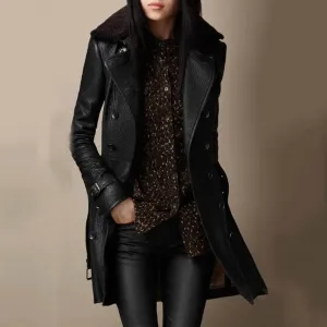 Women's premium double-breasted leather jacket, sheepskin collar