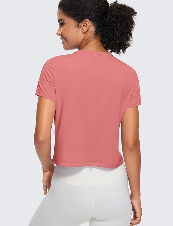Women's Workout Crop Top T-Shirt Gym Yoga Running Basic Tee Pink